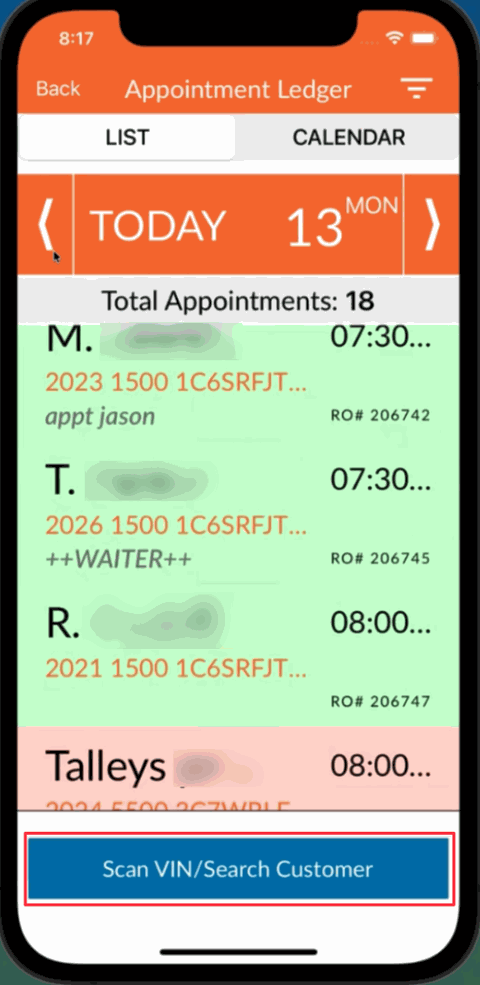 Appointment Ledger with VIN scan and search options