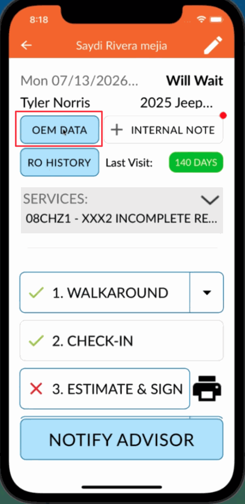 OEM DATA button on the check-in screen