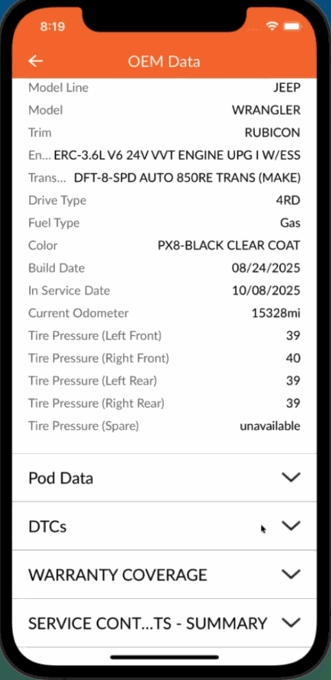 Expanded list of Stellantis MSG data on the check-in screen