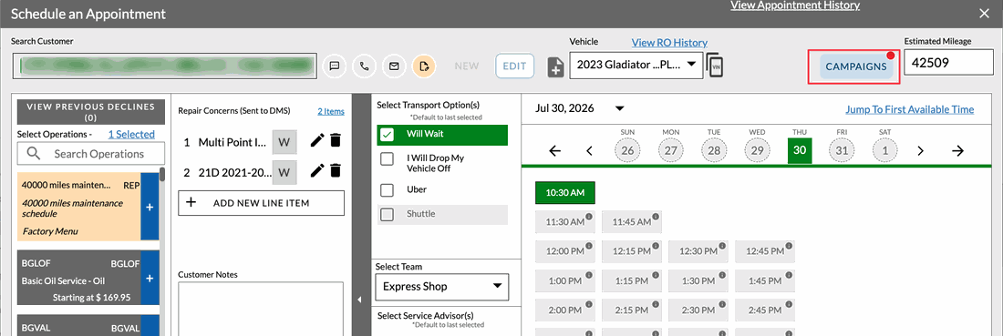 Campaigns button showing open recalls and vehicle history